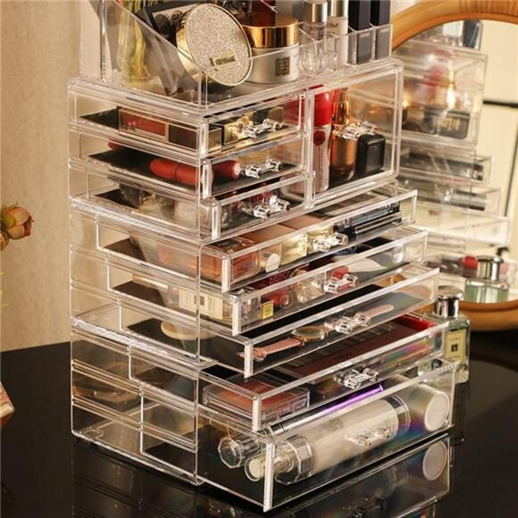 Large Clear Acrylic Makeup Organizer 9 Drawer Vanity Skincare Storage Box - Picture 5 of 7